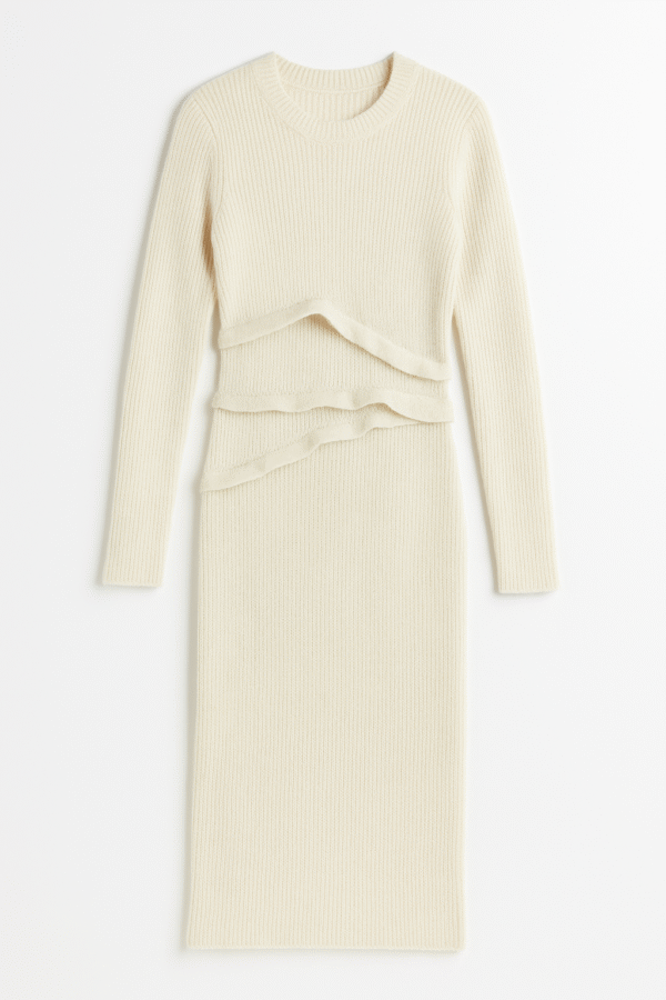 Women's Cream Knitted Sweater Dress | Winter Wear Long Sleeve Woolen Bodycon Dress