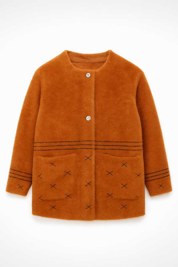 Women’s Stylish Brown Woolen Winter Coat – Warm Long Sleeve Sweater with Pockets