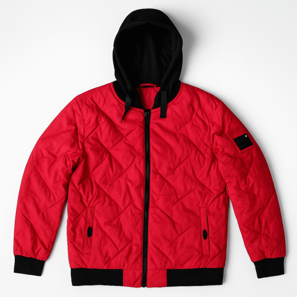 Stylish Red Quilted Winter Jacket with Black Hood & Zip Closure for Men