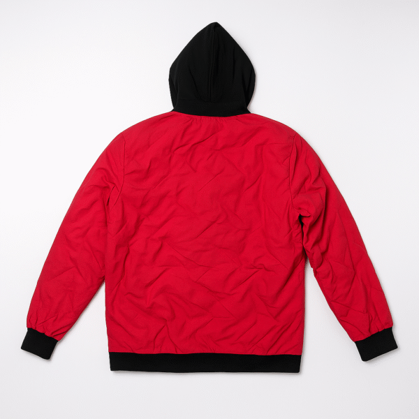 Stylish Red Quilted Winter Jacket with Black Hood & Zip Closure for Men