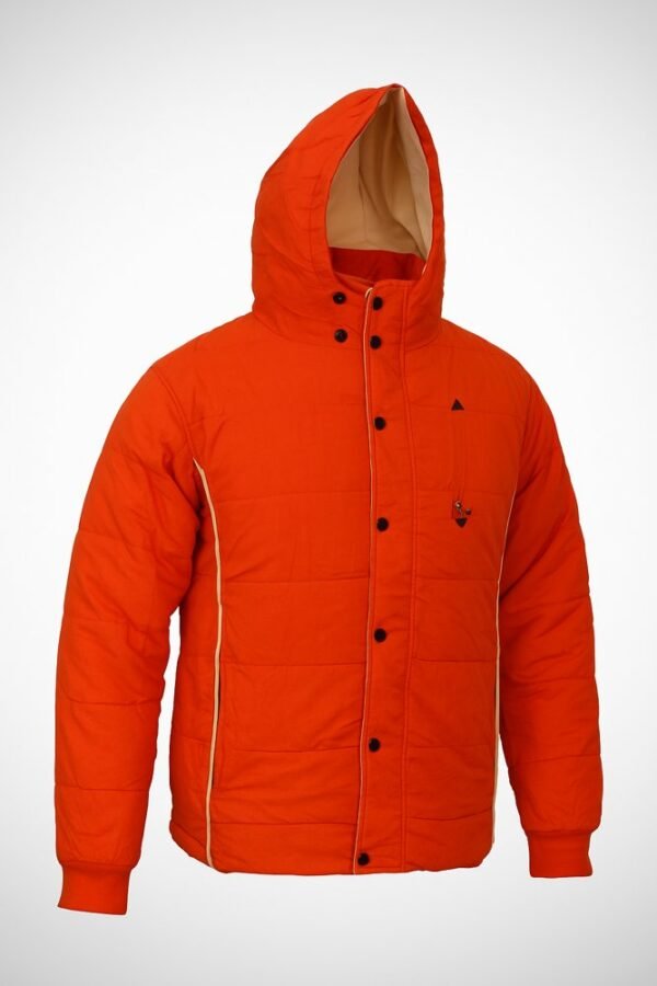 Men’s Solid Orange Hooded Winter Jacket – Warm Stylish Puffer Coat