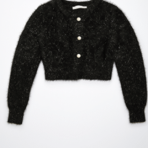 Stylish Black Fuzzy Crop Sweater for Women | Winter Wear Full Sleeve Cardigan