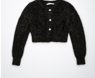 Stylish Black Fuzzy Crop Sweater for Women | Winter Wear Full Sleeve Cardigan