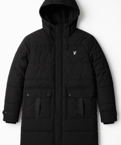 Men’s Black Quilted Winter Hooded Jacket – Warm & Stylish Long Coat for Cold Weather