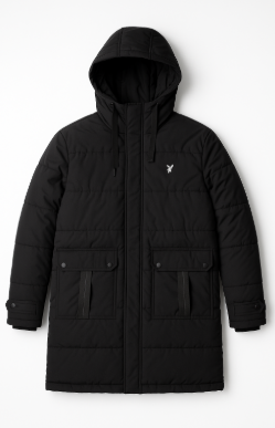 Men’s Black Quilted Winter Hooded Jacket – Warm & Stylish Long Coat for Cold Weather