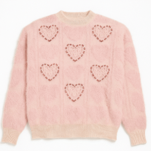 Soft Pink Woolen Heart Pattern Sweater for Women | Stylish Winter Wear Pullover