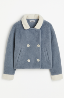 Trendy Blue Faux Fur Winter Coat with Cream Cuffs & Collar – Unisex Stylish Warm Jacket