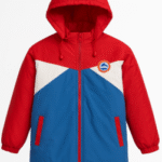 Stylish Red & Blue Color-Blocked Winter Jacket for Boys | Warm Hooded Windcheater with Zipper & Pockets