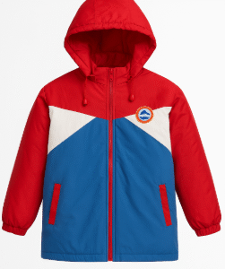 Stylish Red & Blue Color-Blocked Winter Jacket for Boys | Warm Hooded Windcheater with Zipper & Pockets