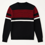 Men’s Winter Woolen Sweater | Stylish Black Pullover with Red & White Stripes | Full Sleeve Warm Knitwear