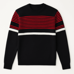 Men’s Winter Woolen Sweater | Stylish Black Pullover with Red & White Stripes | Full Sleeve Warm Knitwear