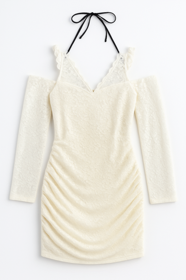 Women’s Off-White Lace Bodycon Party Wear Dress with Full Sleeves | Winter Special Elegant Dress