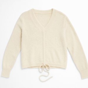 Women’s Cream Fuzzy V-Neck Sweater with Drawstring Hem