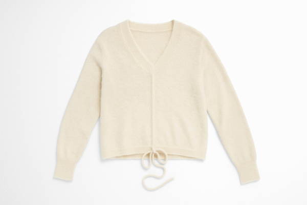 Women’s Cream Fuzzy V-Neck Sweater with Drawstring Hem