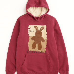 Stylish Maroon Fleece Teddy Printed Winter Hoodie for Women