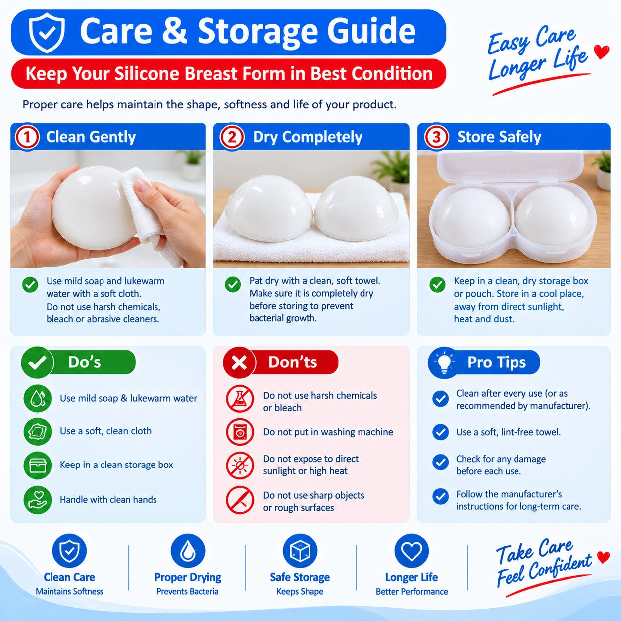 Care and storage guide for silicone breast form pair